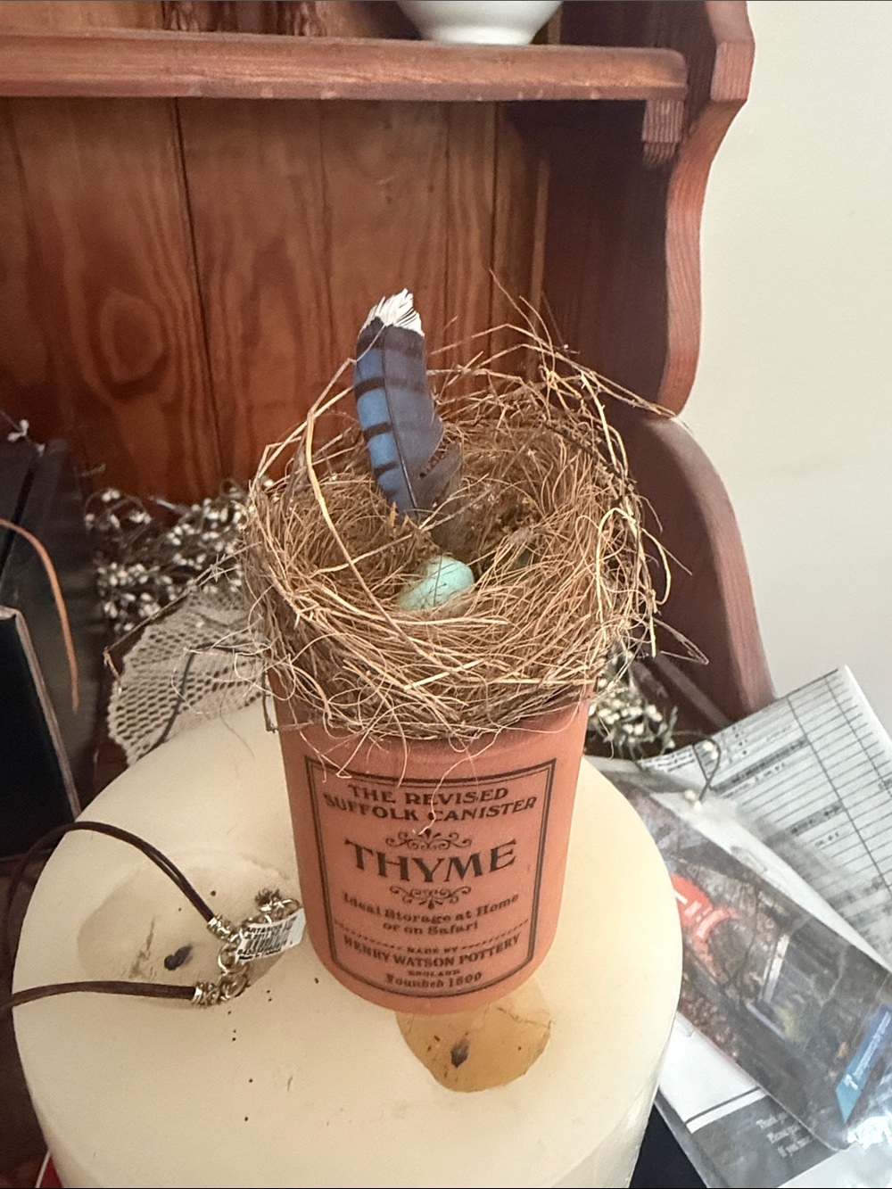 Thyme Canister Decorative Nest with Blue Feather